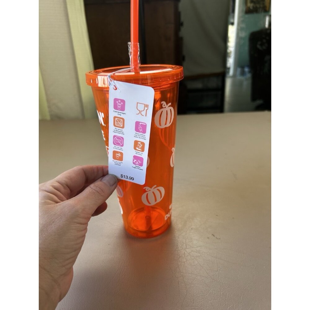 Dunkin Donuts Glow In The Dark Tumbler Cup Straw 24oz Orange Pumpkin Spice NWT - Picture 7 of 12